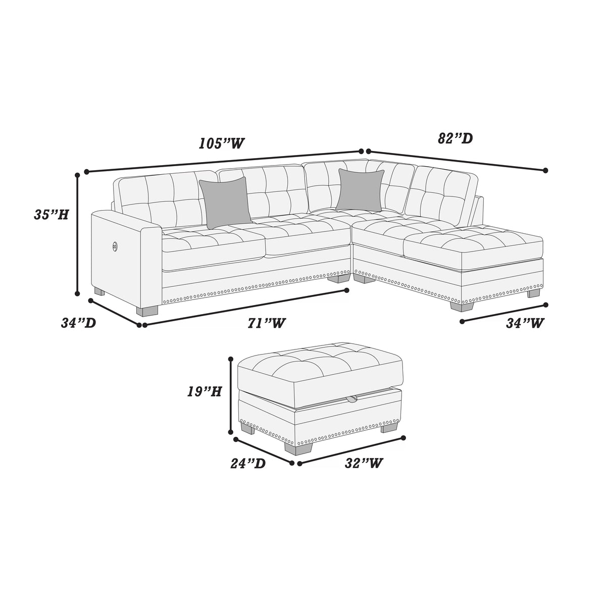 3-Pieces Reversible Sectional Sofa Set
