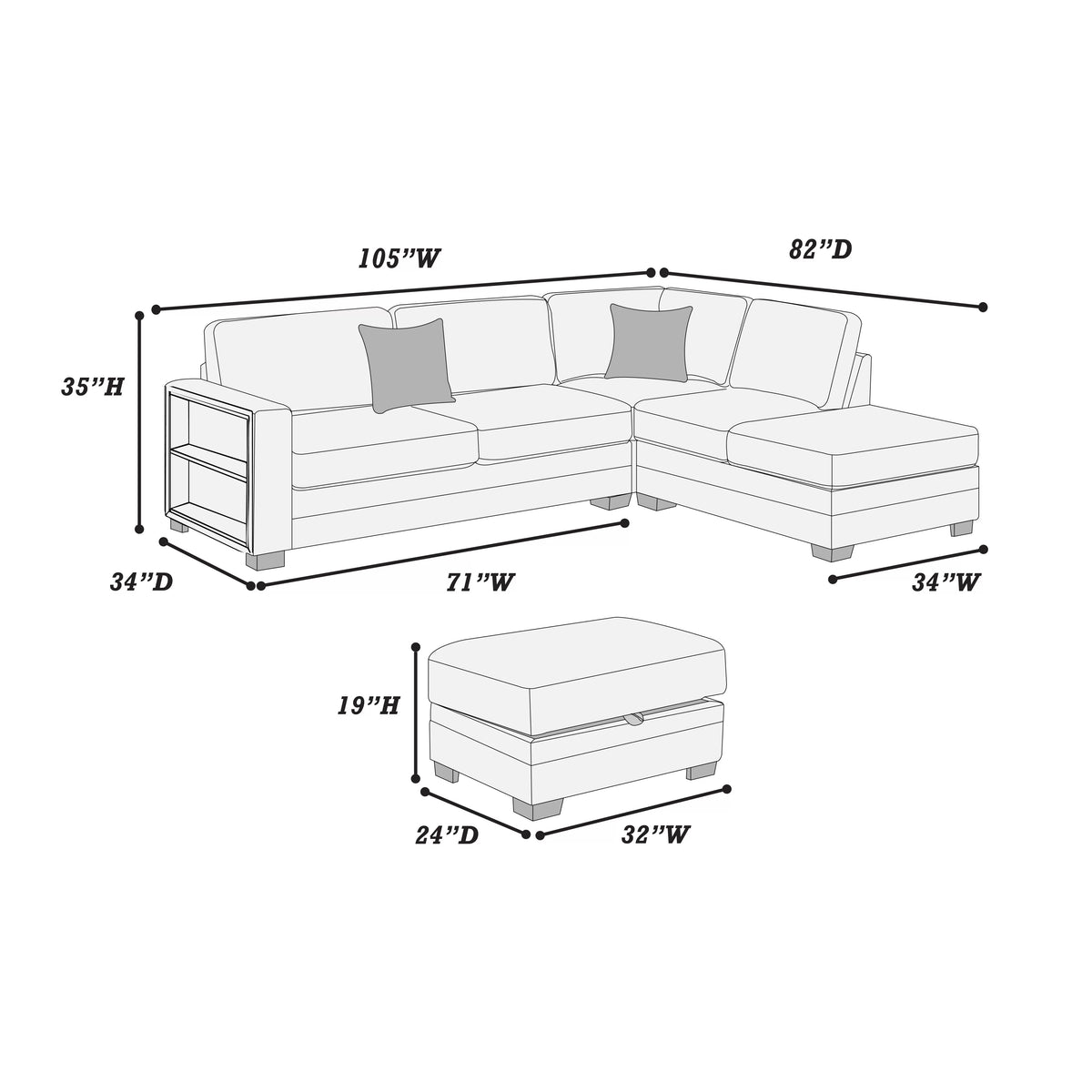 3-Pieces Reversible Sectional Sofa Set