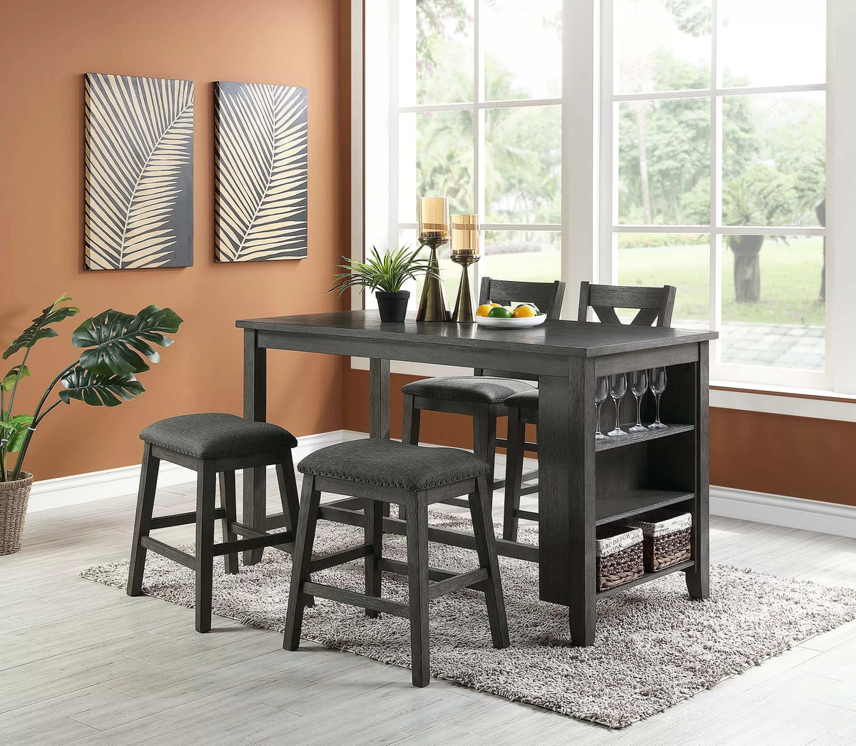 Casual Counter Height Table Casual-Side Shelf Storage (Table + Chairs + 2 Counter Stool)